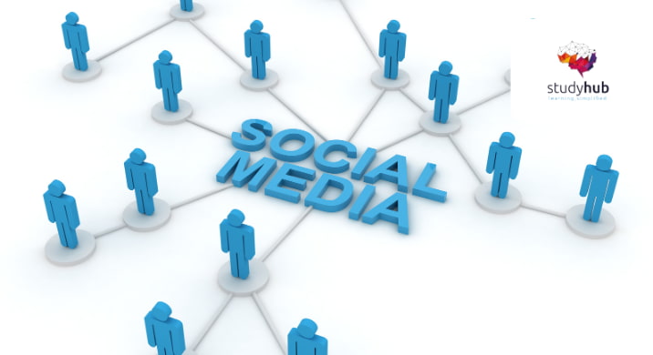 Illustration of a social media network with connected blue human icons surrounding the text “Social Media”