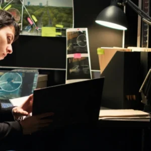 Professional researcher analyzing data on a laptop at a modern workspace with charts and documents.