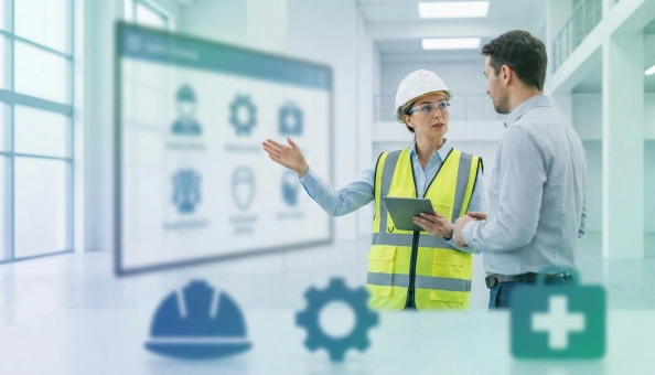 Health and safety officer in high-vis gear conducting workplace safety training and risk assessment.