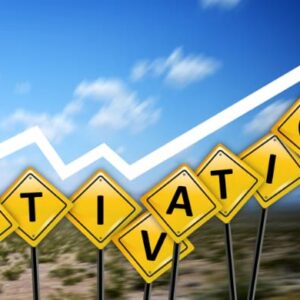 Motivation concept with yellow road signs spelling motivation and an upward arrow symbolizing growth, progress, and success.