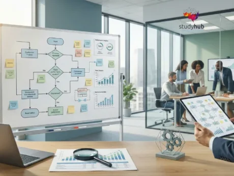 Professional analyzing workflow charts and data metrics in a modern office, representing the career skills gained from the Diploma in Lean Process and Six Sigma at QLS Level 5