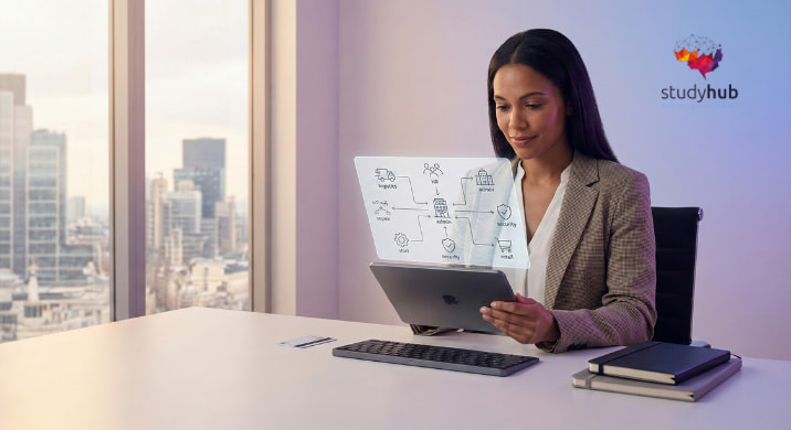 Senior business operations manager reviewing strategic plans on a tablet in a modern corporate office.