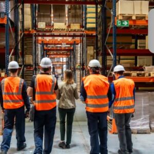 Warehouse workers wearing safety vests and helmets walking through a large distribution center with high storage racks and packaged goods.
