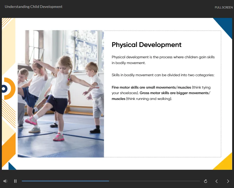 Young children practicing balance exercises in a gym class, illustrating a course slide on 'Physical Development' that defines fine and gross motor skills.