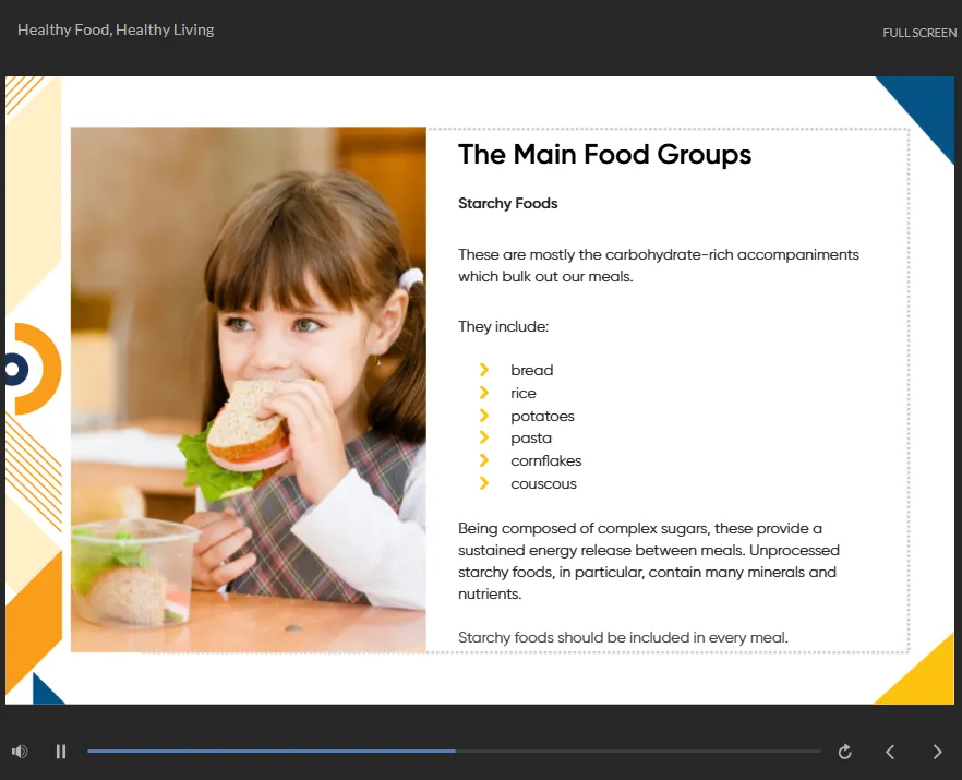 Young girl eating a sandwich from a lunchbox, illustrating a course slide on 'The Main Food Groups' which details starchy foods like bread and rice.