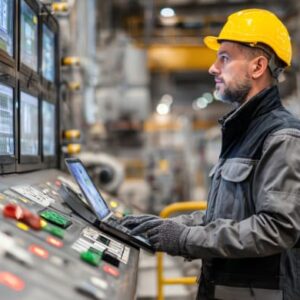 A factory worker wearing a yellow helmet and gloves, operating control panels and monitoring screens with a laptop in a manufacturing facility.