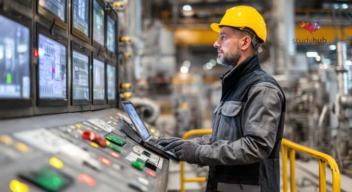 A factory worker wearing a yellow helmet and gloves, operating control panels and monitoring screens with a laptop in a manufacturing facility.