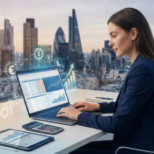 Corporate finance professional analyzing market data and financial growth charts on a laptop in a modern office.