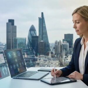 Compliance officer verifying customer identity data on a digital tablet in a modern office.