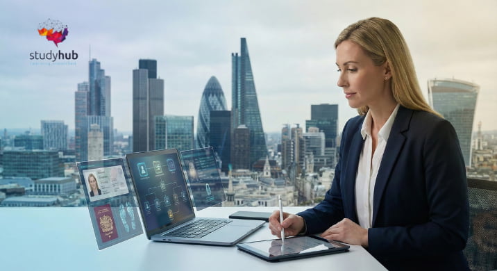 Compliance officer verifying customer identity data on a digital tablet in a modern office.
