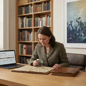 Professional military historian examining an antique map and historical artifacts in a museum archive.