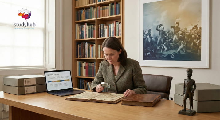 Professional military historian examining an antique map and historical artifacts in a museum archive.