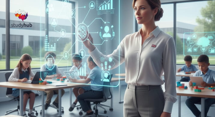 A professional British educator standing in a bright, modern classroom environment, interacting with a transparent digital interface showing lesson planning and pedagogical strategies.