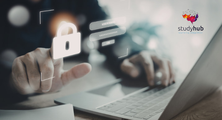 Person using a laptop with a digital security lock icon and login interface, representing cybersecurity and data protection.