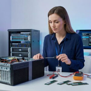 IT professional repairing computer hardware and inspecting motherboard components in a modern tech lab.