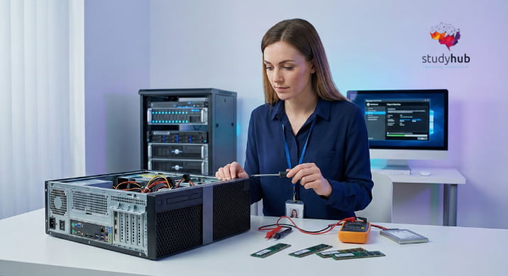 IT professional repairing computer hardware and inspecting motherboard components in a modern tech lab.