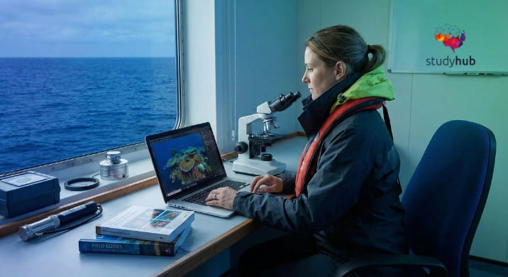 Marine biologist studying ocean life and coral reefs in a professional research environment.