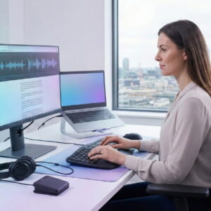 Professional transcriptionist wearing headphones and typing on a laptop in a modern home office.