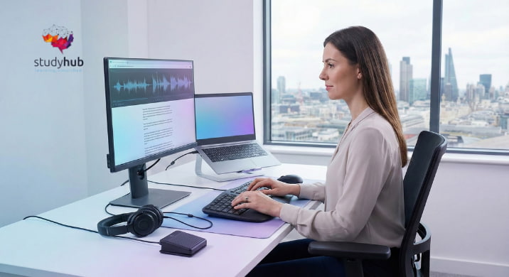 Professional transcriptionist wearing headphones and typing on a laptop in a modern home office.