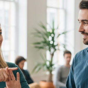 A smiling British professional sitting in a modern, bright office, using British Sign Language (BSL) gestures to communicate during a video call or meeting.