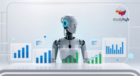 Humanoid artificial intelligence robot analyzing data with interactive dashboards, charts, and graphs in a futuristic digital workspace.