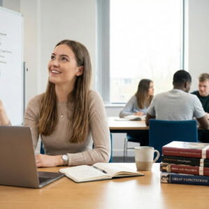 Student reviewing English literature notes and writing an essay with a tutor's guidance.