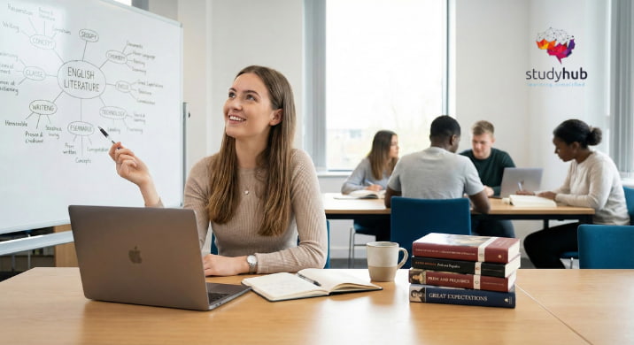 Student reviewing English literature notes and writing an essay with a tutor's guidance.