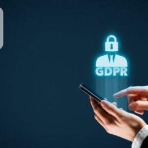 Hands holding a smartphone displaying a glowing blue GDPR padlock and security icon