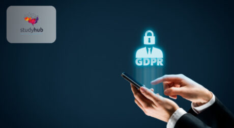 Hands holding a smartphone displaying a glowing blue GDPR padlock and security icon