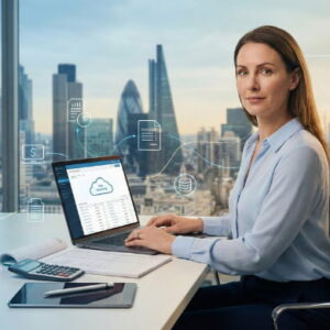 Professional bookkeeper analyzing financial spreadsheets on a laptop and using a calculator.