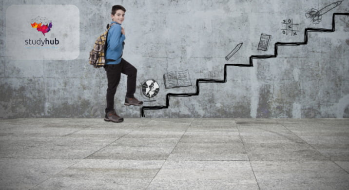 Young student climbing illustrated steps with educational symbols representing math and English progress.