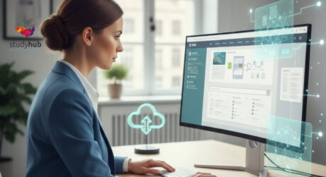 A professional individual in a modern, sunlit office using a tablet and laptop, representing efficient digital data handling and electronic document management.