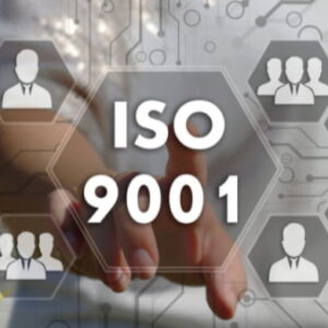 Digital ISO 9001 Quality Management System interface with team icons overlaying a factory background.
