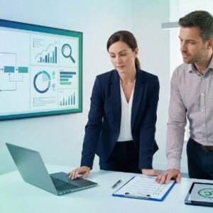 Two business professionals analyzing workflow charts and data analytics on a digital screen in a modern office.