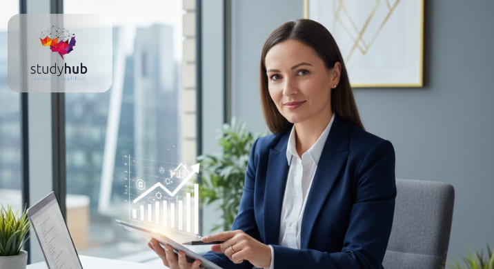 A professional British financial advisor in a suit sitting in a modern, sunlit office, reviewing financial documents and data on a laptop during a client consultation.