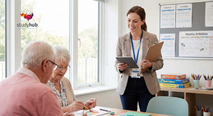 Female Activities Coordinator organizing arts and crafts for elderly residents in a care home.
