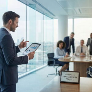 Business development manager strategizing corporate growth and partnerships in a modern boardroom.