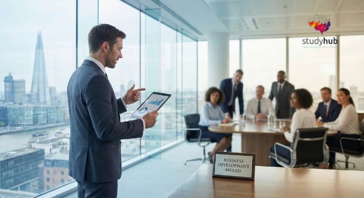 Business development manager strategizing corporate growth and partnerships in a modern boardroom.