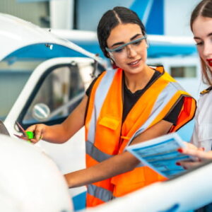 Two women inspecting an aircraft engine, with an aviation technician explaining procedures to a pilot during maintenance training.