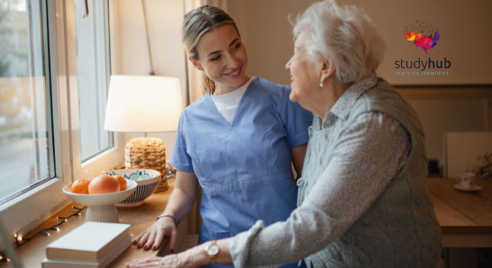 Caregiver assisting an elderly woman at home, providing compassionate support and companionship in a comfortable living space.