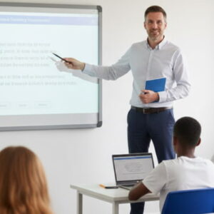 A professional secondary school teacher standing at the front of a modern, well-lit classroom, engaging with students during a lesson on a digital whiteboard.