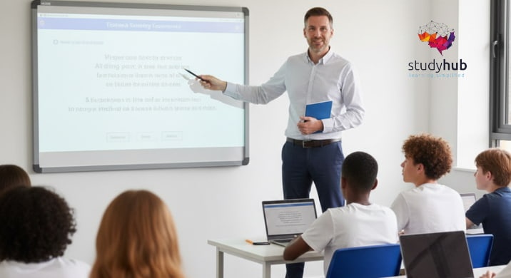 A professional secondary school teacher standing at the front of a modern, well-lit classroom, engaging with students during a lesson on a digital whiteboard.