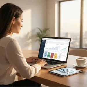 Digital entrepreneur reviewing sales analytics on a modern laptop workspace, illustrating the Selling E-books: The Best Way of Earning Online course
