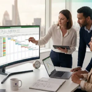 Project manager analyzing a digital Gantt chart and project timeline on a monitor in a modern UK office, representing Planning & Control Using Microsoft Project 2013, 2016 & 2019