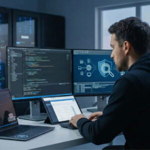 Ethical hacker analyzing web application code and network security diagrams on multiple monitors in a server room, representing the Bug Bounty - Web Application Penetration Testing Bootcamp