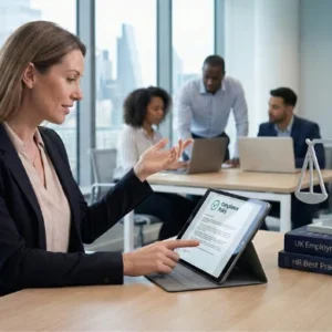 HR professional reviewing a digital compliance policy on a tablet, accompanied by UK Employment Law books and a scales of justice statue in a modern London office overlooking the city skyline