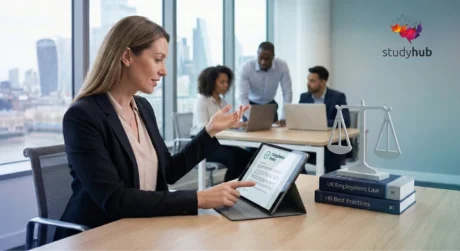 HR professional reviewing a digital compliance policy on a tablet, accompanied by UK Employment Law books and a scales of justice statue in a modern London office overlooking the city skyline
