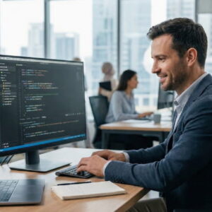 Software developer writing JavaScript code on dual monitors in a modern workspace, representing the professional skills gained in the JavaScript course