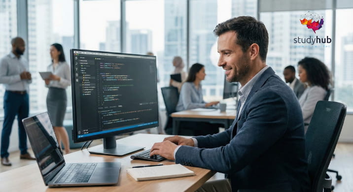 Software developer writing JavaScript code on dual monitors in a modern workspace, representing the professional skills gained in the JavaScript course