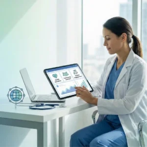 Healthcare professional using a tablet to manage digital communication and patient engagement strategies, representing the Social Media in Healthcare course